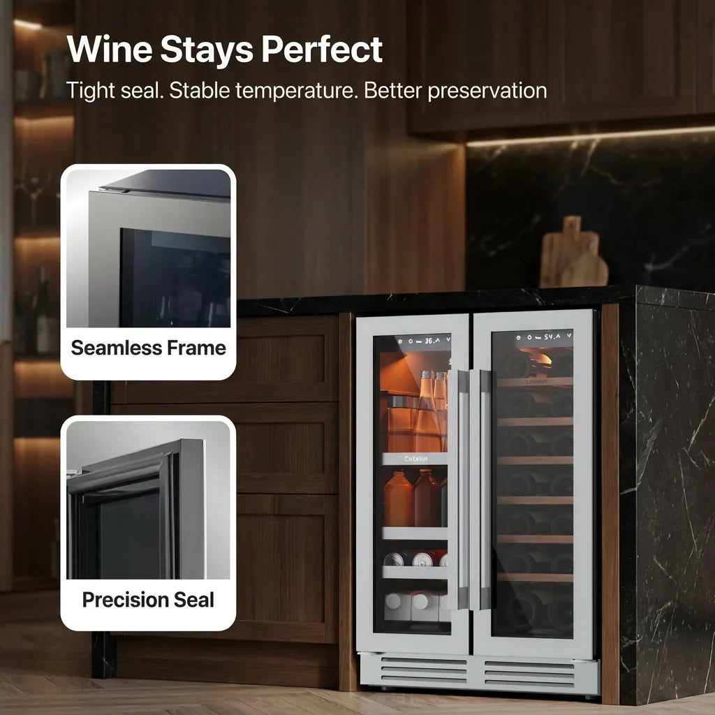 24 Inch Dual Zone Beverage Wine Fridge 60 Can 21 Bottle Glass Door Built-In Digital Touch Control Home Office Bar