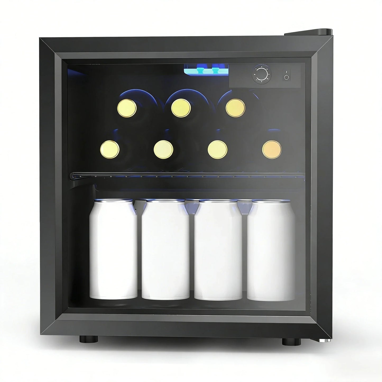EKOJUCE  Mini Fridge with Glass Door | Countertop Beverage Cooler for Beer, Drinks, Wines with Adjustable Shelves and Blue LED Light for Home, Office, Dorm, Bar