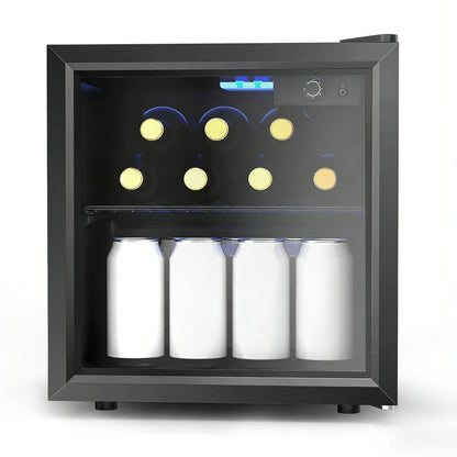 EKOJUCE  Mini Fridge with Glass Door | Countertop Beverage Cooler for Beer, Drinks, Wines with Adjustable Shelves and Blue LED Light for Home, Office, Dorm, Bar