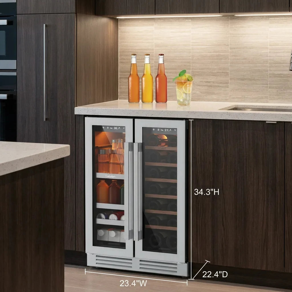 24 Inch Dual Zone Beverage Wine Fridge 60 Can 21 Bottle Glass Door  Built-In Digital Touch Control Home Office Bar