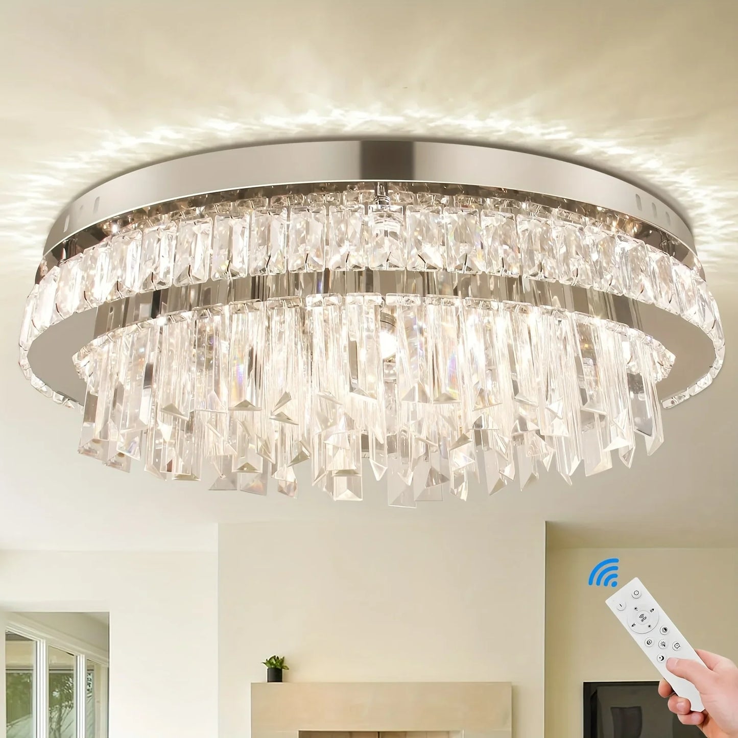 Modern Dimmable Crystal Chandeliers LED Flush Mount Ceiling Light Fixtures Oval Living Room Chandelier Stainless Steel Ceiling L